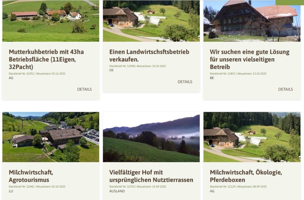 Ansicht der Hofplattform für Hofsuchende. Pro Woche registrieren sich 2 Höfe und 5-6 Hofsuchende